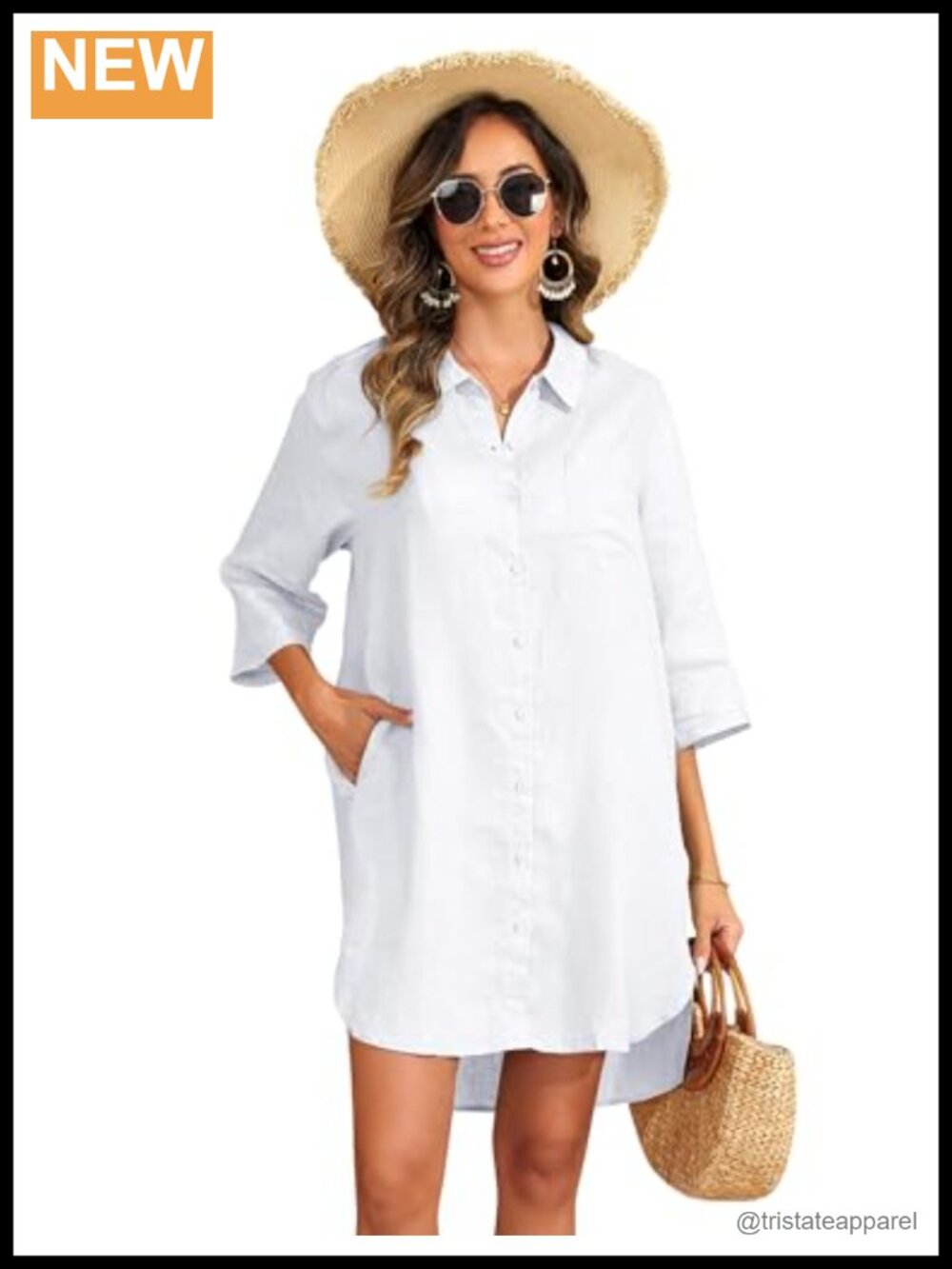 100% Linen Button Down Shirt Dress with Pockets Oversize Collared 3/4 Sleeve